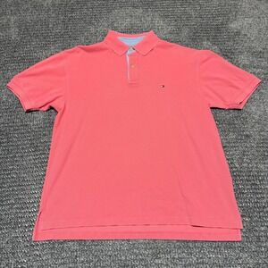 Tommy Hilfiger Mens Large Coral Pink Polo Shirt Short Sleeve Pique Embroidered